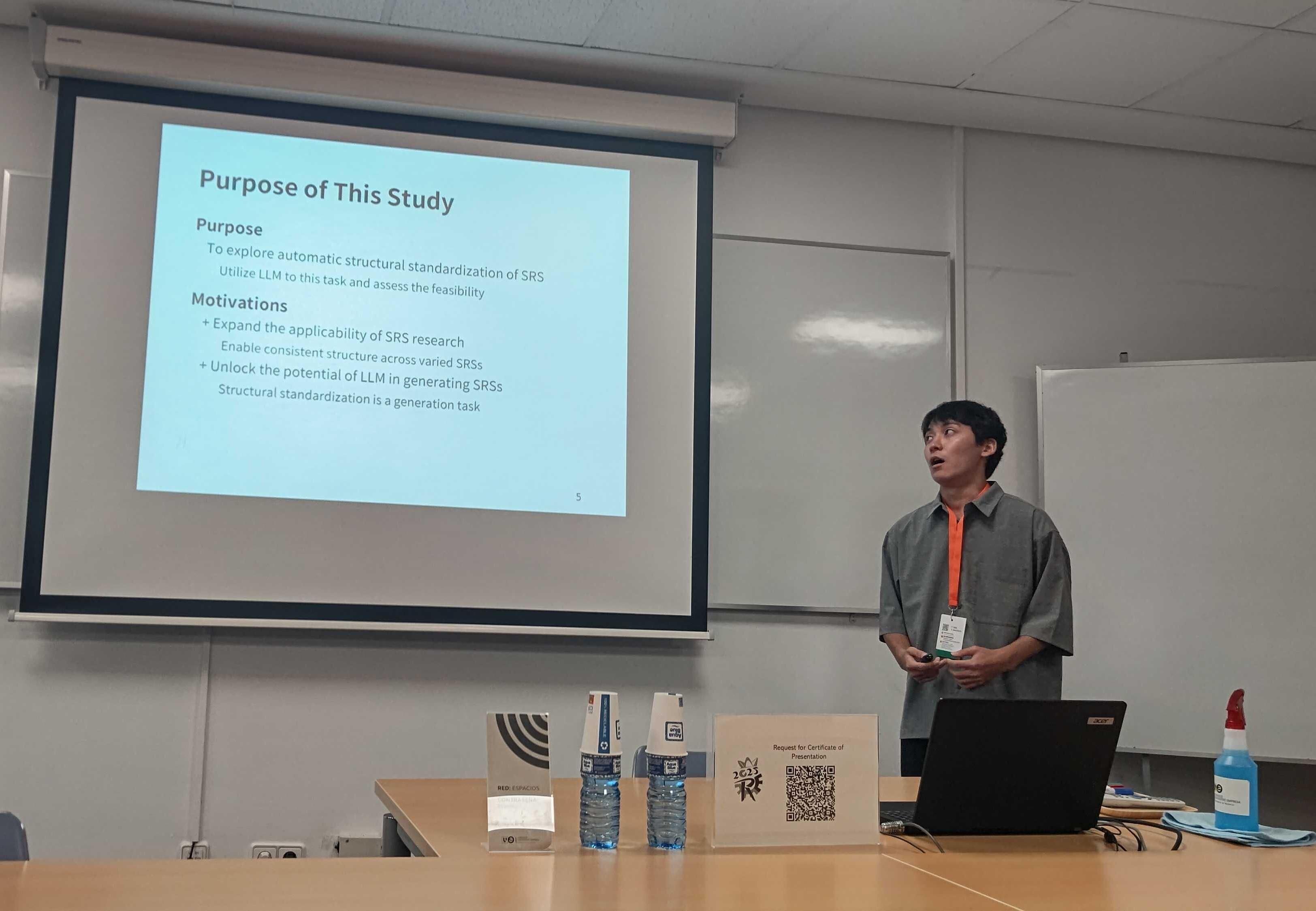 岡本 琉生さんは、“<a href="//sdl.ist.osaka-u.ac.jp/pman/pman3.cgi?D=869" className="not-prose underline text-lime-500 hover:text-red-600">Towards the Automatic Restructuring of Software Requirements Specifications to Conform to Standards Using Large Language Models</a>”というタイトルで発表しました。